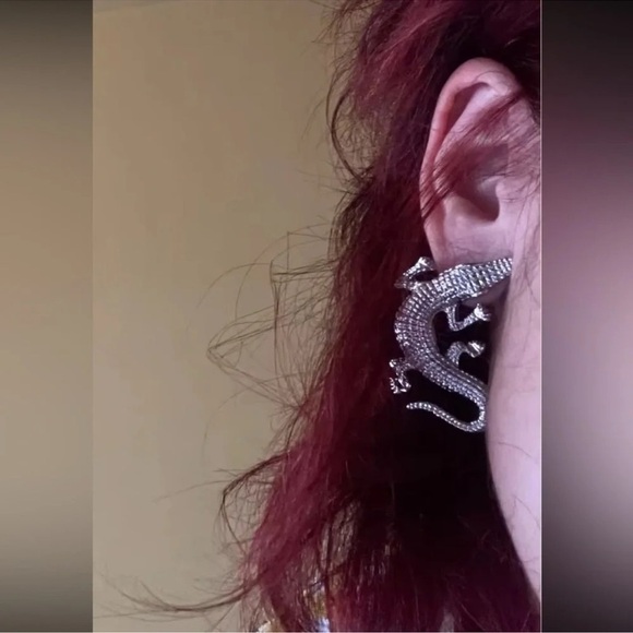 Alligator Silver Textured Statement Earrings - Picture 4 of 5